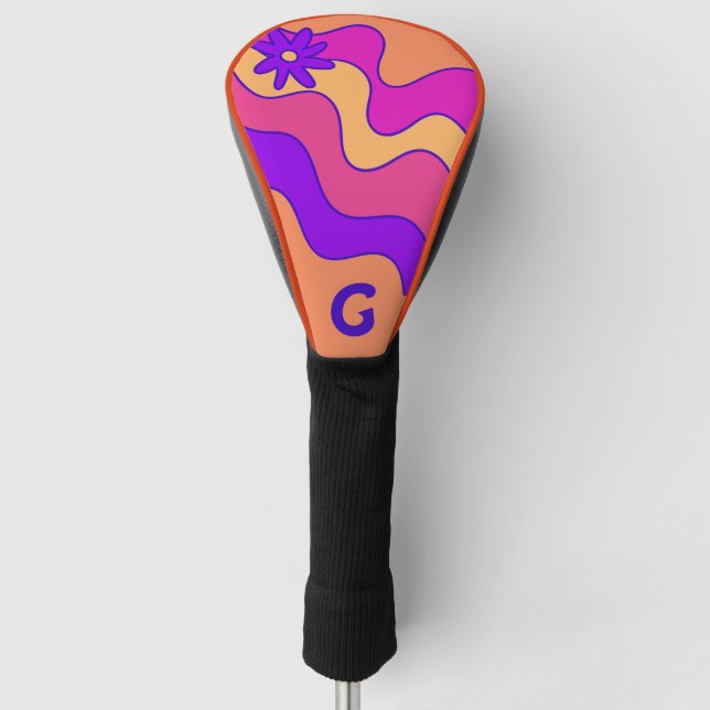 Couvre-club De Golf Monogramme rétro rose et violet des vagues (Devant)
