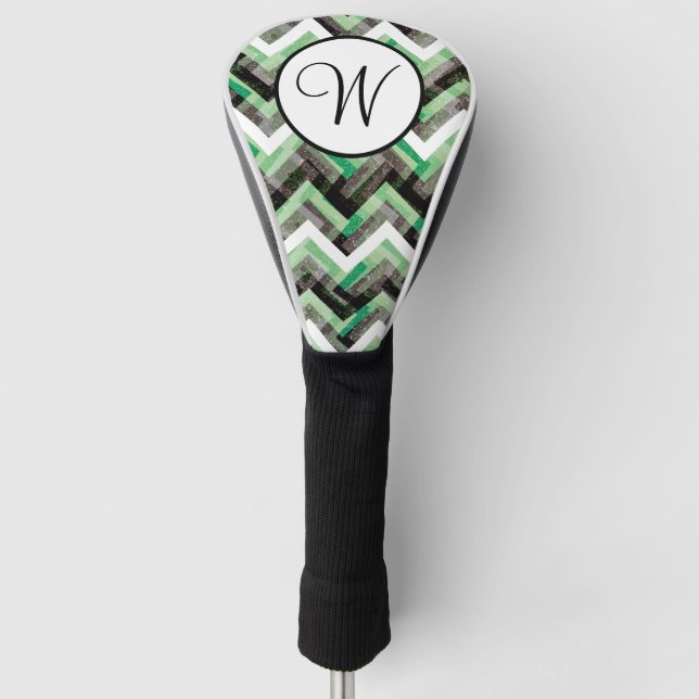 Couvre-club De Golf Monogramme Texturé Chevron Blanc Noir Vert (Devant)