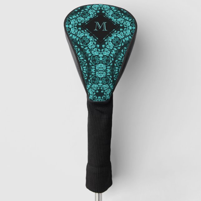 Couvre-club De Golf Monogramme turquoise de Mandala Floral Noir (Devant)