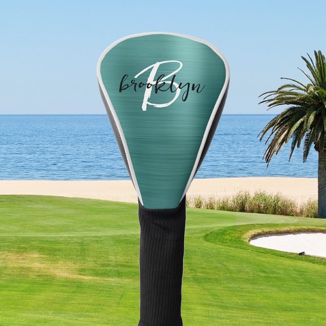 Couvre-club De Golf Monogramme turquoise en métal brossé noir blanc (Créateur téléchargé)