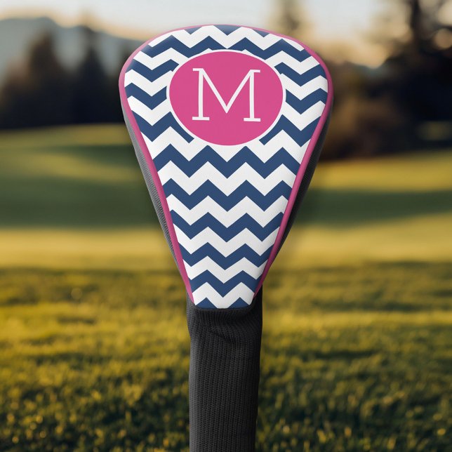 Couvre-club De Golf Motif Chevron avec Monogram - Marine Hot Pink (Personalized Golf Head Cover)