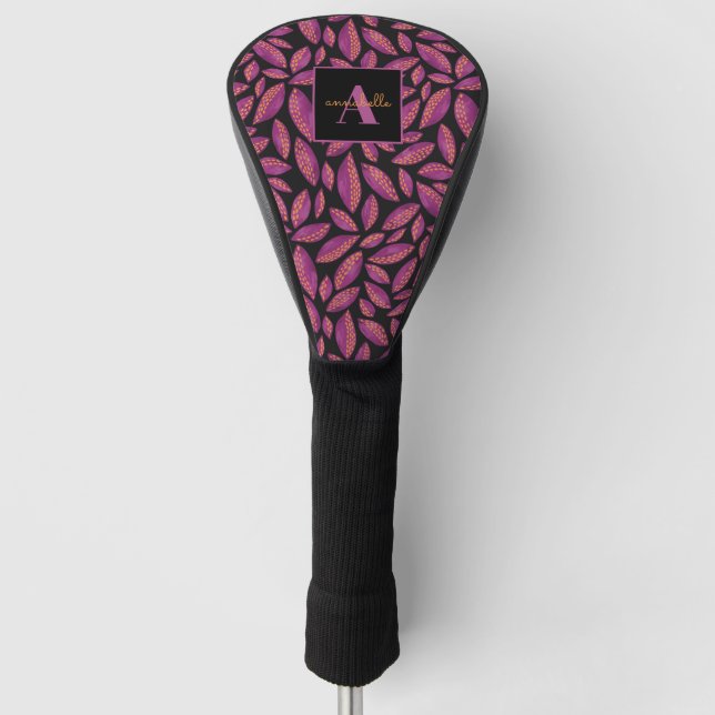 Couvre-club De Golf Motif de feuilles d'automne violet monogramme (Devant)