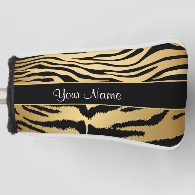 Couvre-club De Golf Motif de rayures de tigre métallique noir et or (Devant)