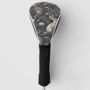 Couvre-club De Golf Motif de toile de lapin vintage noir et botanique