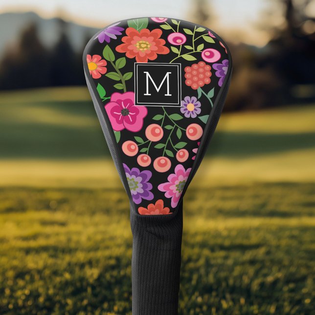 Couvre-club De Golf Motif floral noir tendance avec Monogramme personn (Personalized Golf Head Cover)