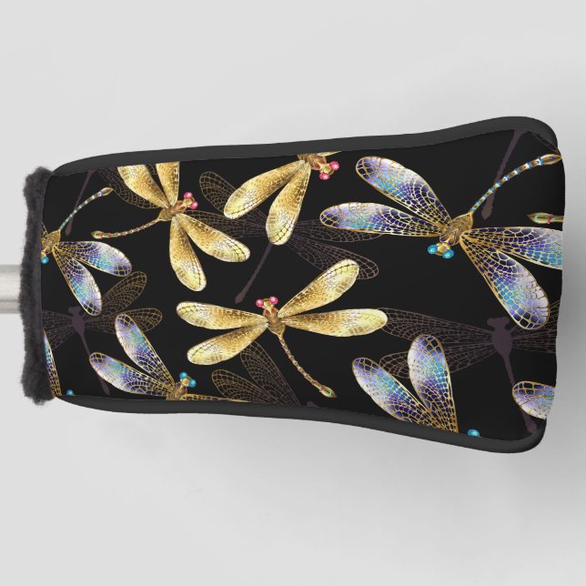 Couvre-club De Golf Motif sans couture avec libellules d'or (Devant)