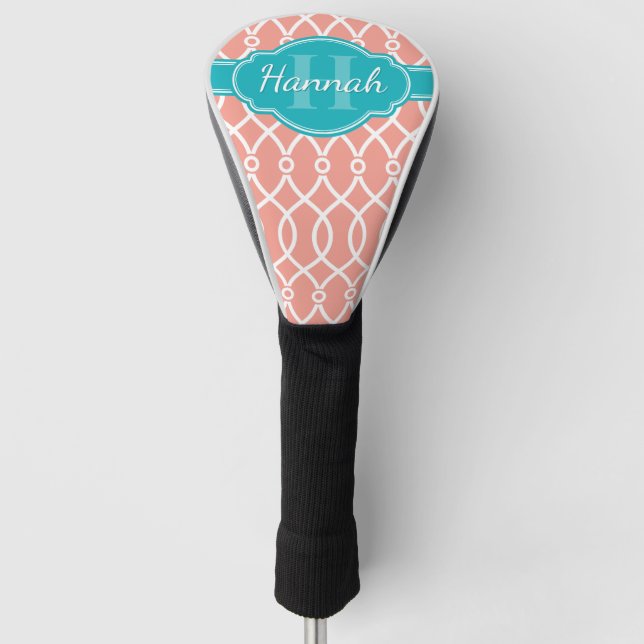 Couvre-club De Golf Motif Turquoise Monogramme rose blanc élégant (Devant)