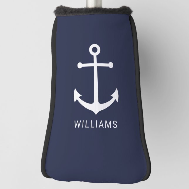 Couvre-club De Golf Nautical White Anchor and Custom Nom on Navy Blue (Tourné à 90°)