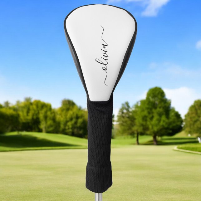 Couvre-club De Golf Noir Blanc moderne Script Girl Monogramme Nom (Créateur téléchargé)