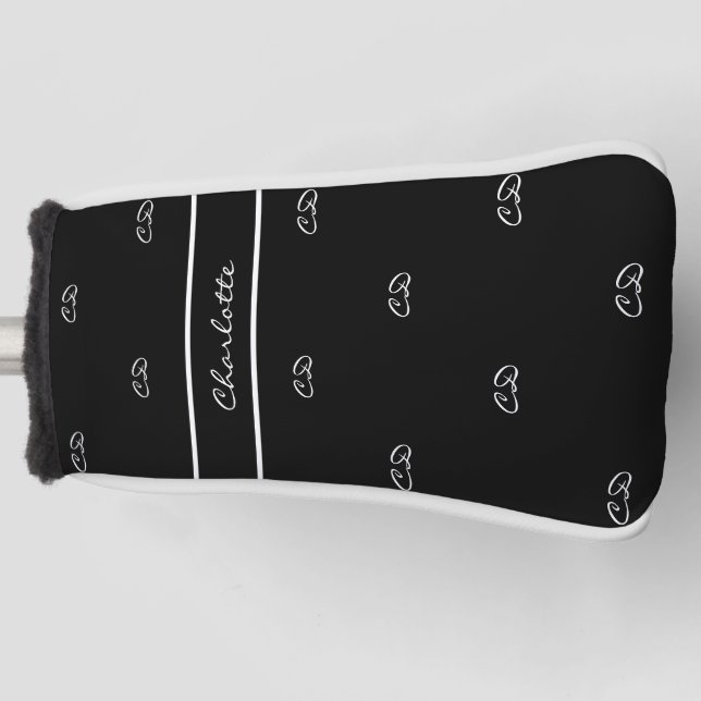 Couvre-club De Golf Noir blanc nom monogramme initiales élégant (Devant)