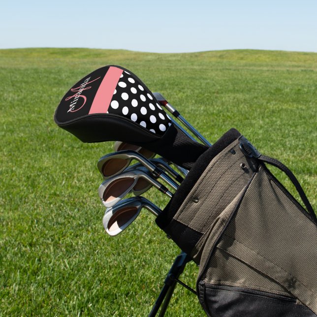 Couvre-club De Golf Noir Blanc Rose Monogramme Polka Dot Golf Il (In Situ)