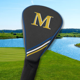 Couvre-club De Golf Noir Cuir Personnalisé Monogrammes Grilles Or