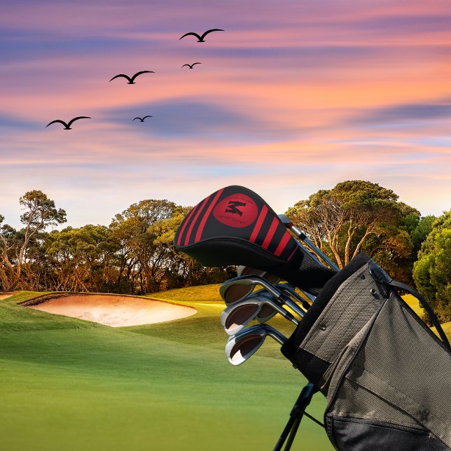 Couvre-club De Golf Noir moderne avec rayures rouges Monogramme initia (Personalized golf club covers in classy black and red with personal or business monogram and scrolls)