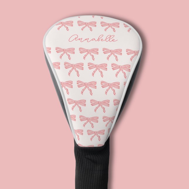 Couvre-club De Golf Nom de l'arc rayé rose (Coquette Pink bow golf head cover, personalize with your own name or choice of text.)