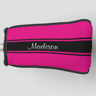 Couvre-club De Golf Nom de script Monogramme de bande noire rose-chaud