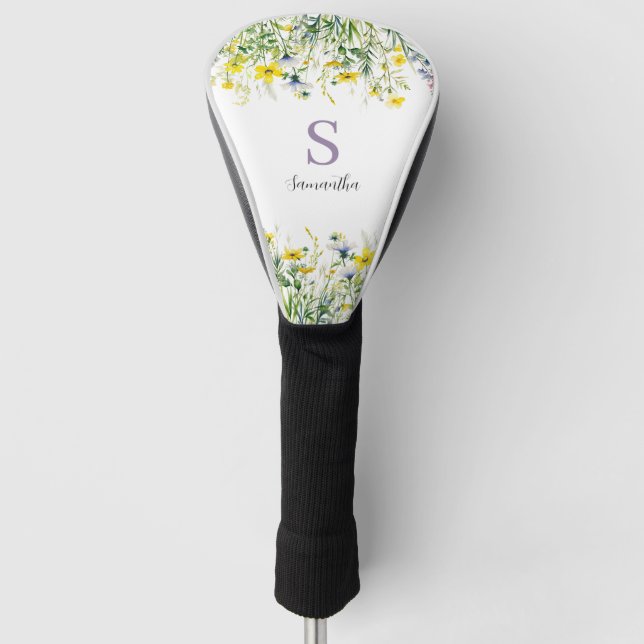 Couvre-club De Golf Nom du monogramme floral jaune (Devant)