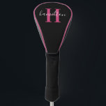 Couvre-club De Golf Nom du monogramme personnalisé rose élégant<br><div class="desc">Le design élégant personnalisé de couverture de club de golf comprend un classique monogramme serif personnalisé initial en rose avec votre nom de famille / nom de famille dans script de calligraphie blanc moderne contre un arrière - plan noir. Le jeu de couleurs peut être customisé pour convenir à votre...</div>