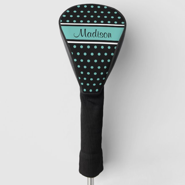 Couvre-club De Golf Nom du script de la bande de points Polka Turquois (Devant)