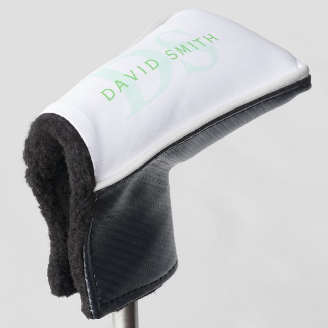 Couvre-club De Golf Nom et monogramme modernes | Vert et blanc (Devant 3/4)