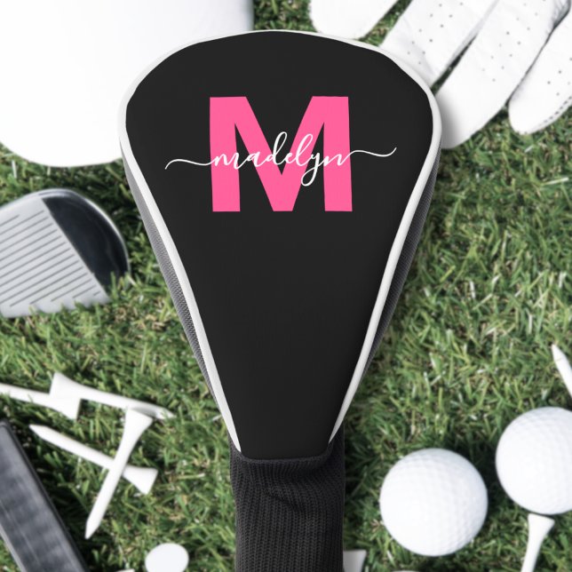 Couvre-club De Golf Nom Monogramme Rose Féminin Écriture Moderne (Modern Script Girly Pink Monogram Name Golf Head Cover)