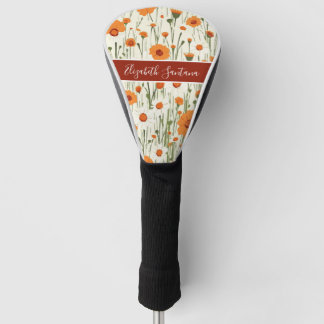 Couvre-club De Golf Nom personnalisé Fleurs orange sur crème | Éléganc