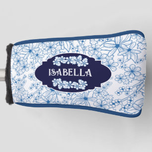 Couvre-club De Golf Nom personnalisé Modèle floral bleu féminin