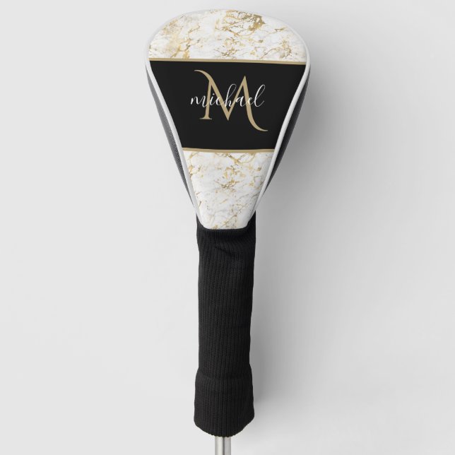 Couvre-club De Golf Or & Marbre blanc avec Monogramme noir Luxe (Devant)