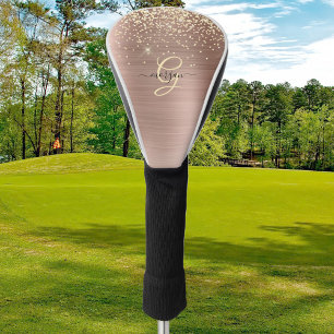 Couvre-club De Golf Paillettes dorées, monogramme doré, nom en script 