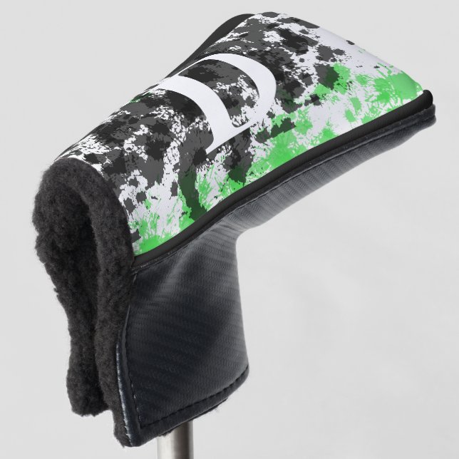 Couvre-club De Golf Paint Splatter vert noir blanc Monogramme (Devant 3/4)