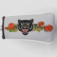 Panthère noire et tête de golf rose en fleurs