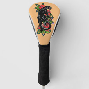 Couvre-club De Golf Panthère noire et tête de golf rose en fleurs
