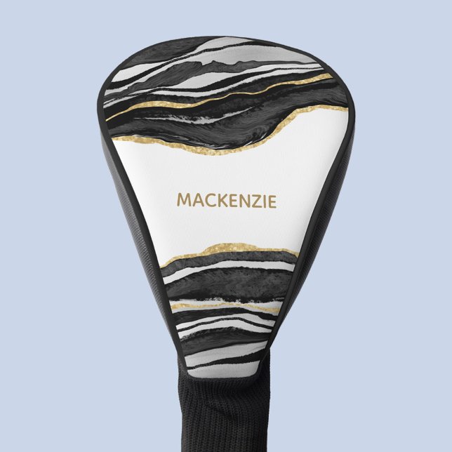 Couvre-club De Golf Parties scintillant dorée en marbre noir Personnal (Black agate marble watercolor personalized name golf head cover)