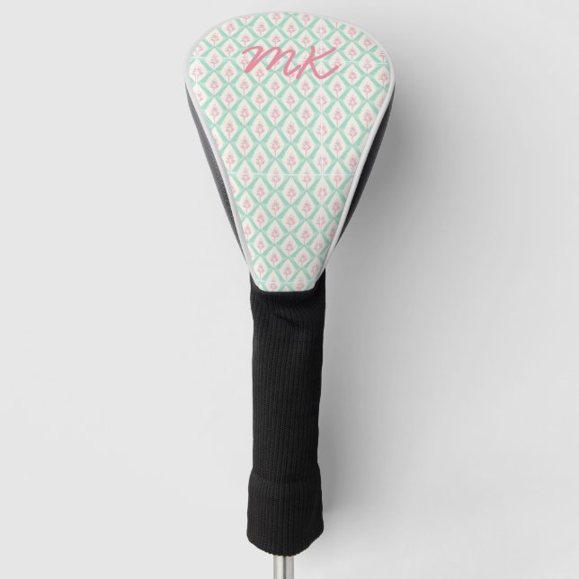 Couvre-club De Golf Pastel Girly rose & Motif vert avec initiales (Devant)