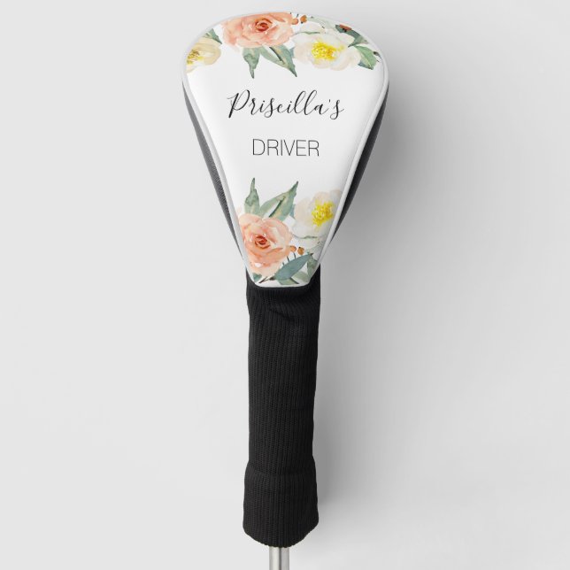 Couvre-club De Golf Pêche Féminine Et Fleurs D'Aquarelle De Crème (Devant)
