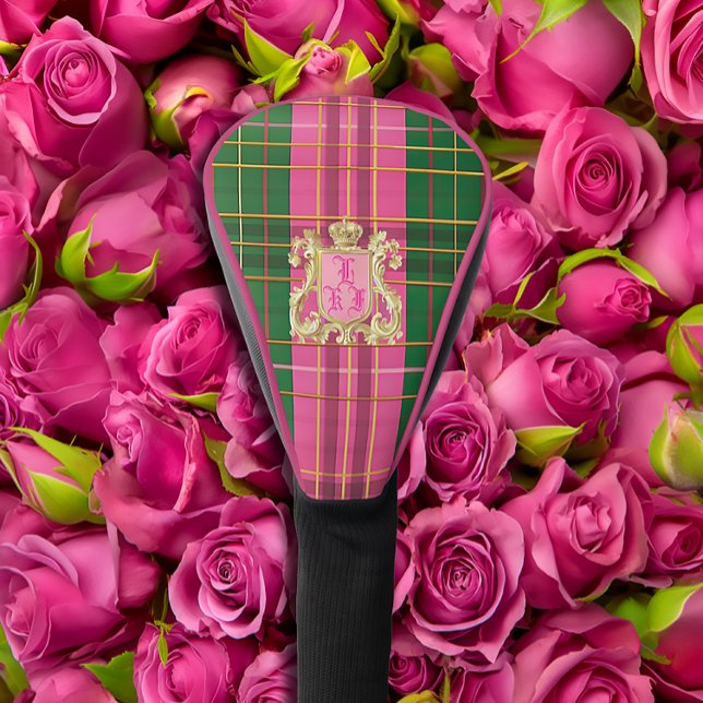 Couvre-club De Golf Pilote monogramme de luxe Pink et Green Plaid (Stylish Chic Plaid Monogrammed Crest Golf Head Cover Pink and Green )