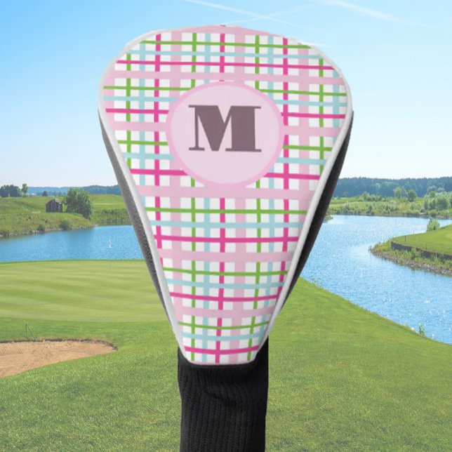 Couvre-club De Golf Pink and green preppy plaid custom monogram ladies (Créateur téléchargé)