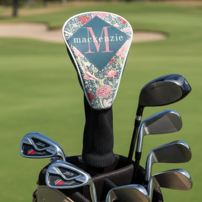 Couvre-club De Golf Pink Blue Floral William Morris Elegant Monogram (Créateur téléchargé)