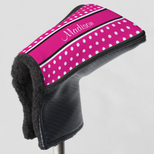 Couvre-club De Golf Pink Hot Pink Polka Point Black Strips Nom du scri