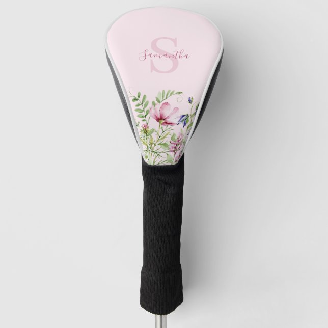 Couvre-club De Golf Pink Wildflower Floral Meadow Monogram  (Devant)
