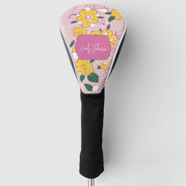 Couvre-club De Golf Pink Yellow Floral Whimsical Pattern Custom Name (Devant)