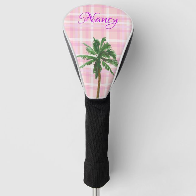 Couvre-club De Golf Plaid rose avec palme et monogramme personnalisé (Devant)