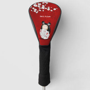 Couvre-club De Golf Poupée Kokeshi Rouge noir blanc cerisier