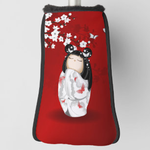 Couvre-club De Golf Poupée Kokeshi Rouge Noir Blanc Cerisier Fleurs