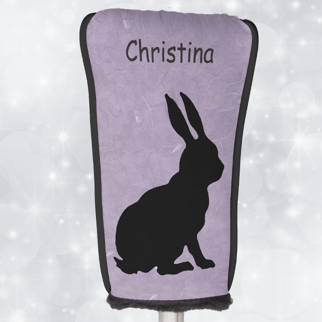Couvre-club De Golf Profil latéral assis noir Silhouette Rabbit (Sitting rabbit in black silhouette on pretty marbled purple golf club cover.)