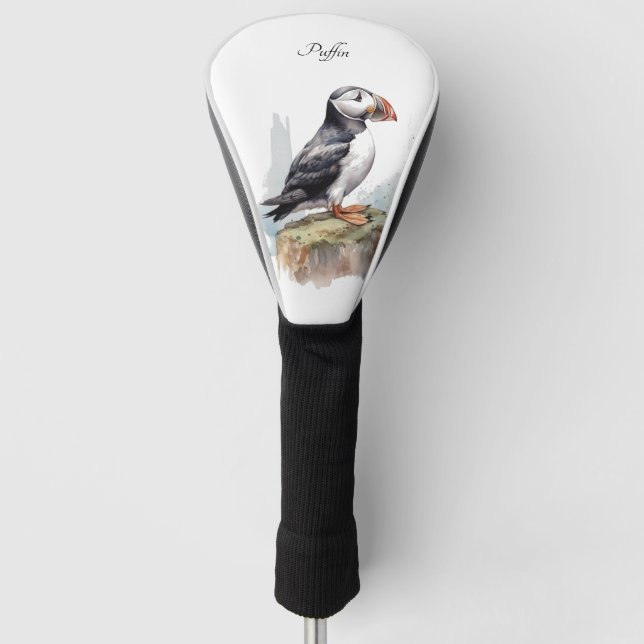 Couvre-club De Golf Puffin sur une aquarelle rocheuse, personnalisé (Devant)