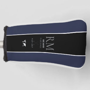 Couvre-club De Golf rayure verticale noire monogrammée sur fond bleu f