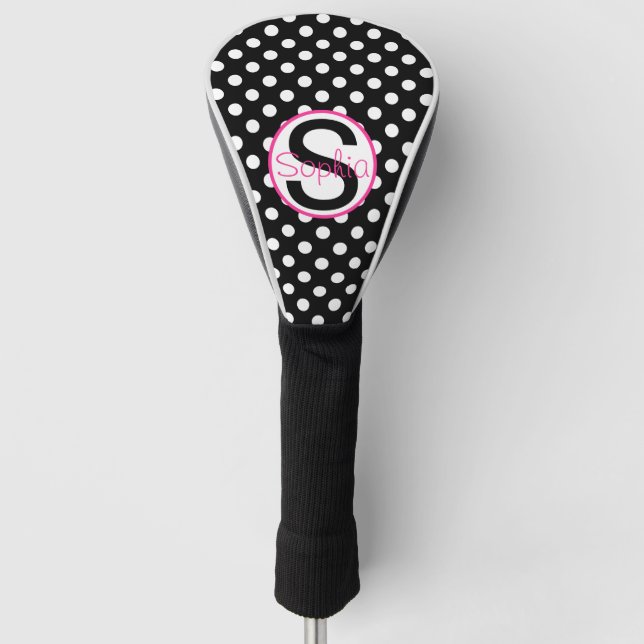 Couvre-club De Golf Rose et Noir, Nom et Initiale avec Points (Devant)