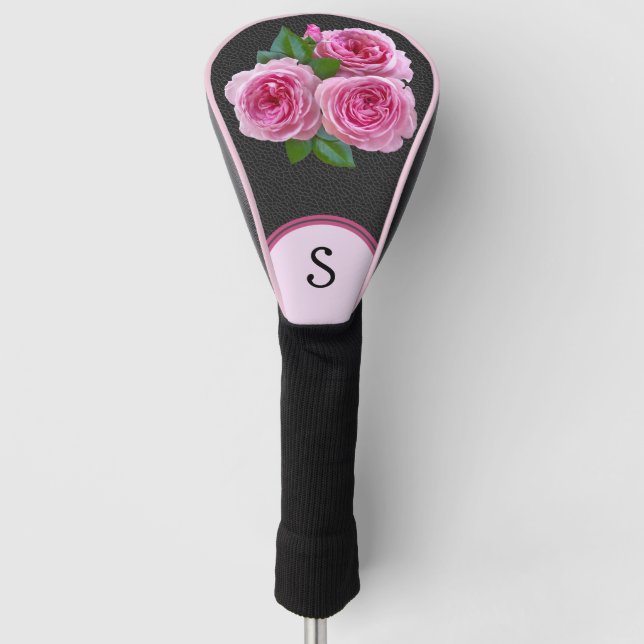 Couvre-club De Golf Roses roses sur Lady Monogram Floral Noir (Devant)