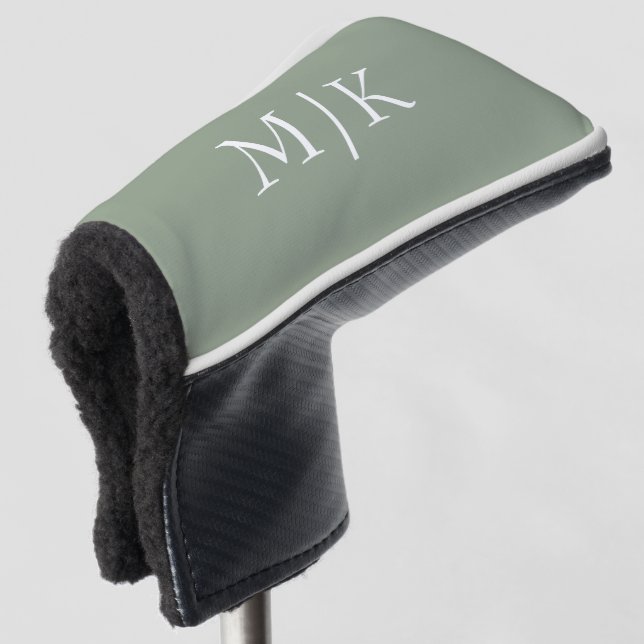 Couvre-club De Golf Sage vert et blanc | Monogramme moderne (Devant 3/4)