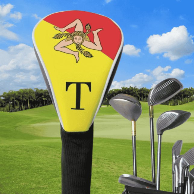 Couvre-club De Golf Sicile personnalisée Trinacria Monogramme (Flag of Sicily Golf Club Cover - Sicilian Father's Day Monogrammed gift)